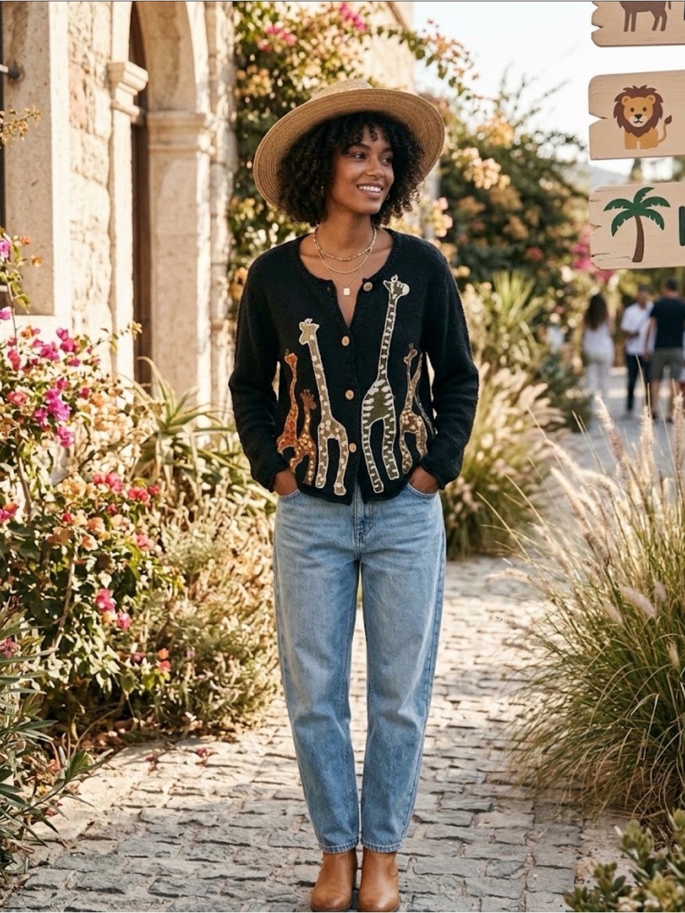 VTG David Brooks Silk Linen Blend Giraffe Embroidered Black Cardigan Small